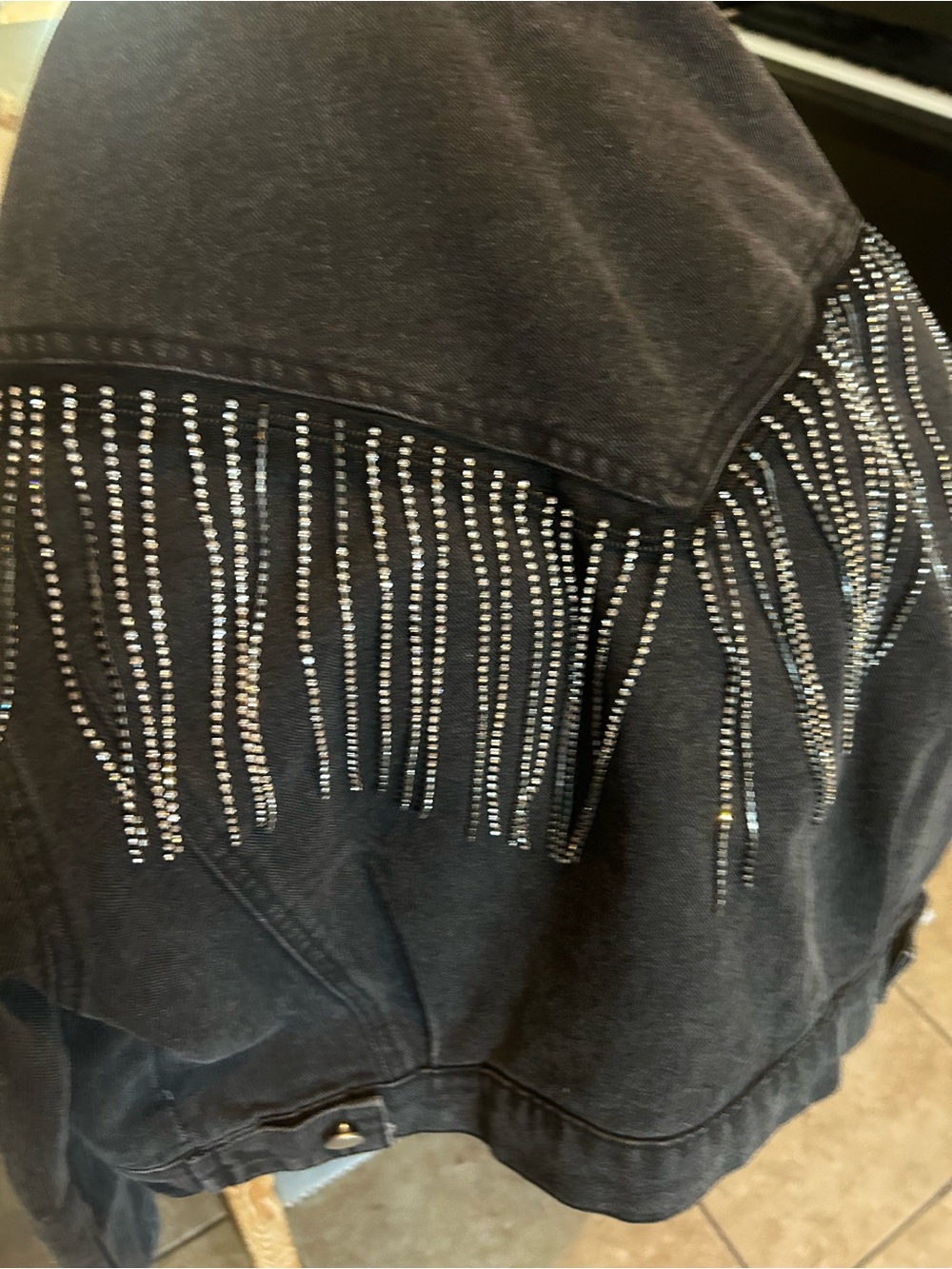 Black Fringed Rhinestone Denim Jacket - Picture 2 of 2